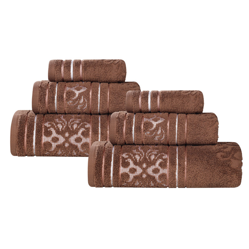 Ensemble de serviettes en coton uni et jacquard Sadie Zero Twist, Floral, Chocolat, Ensemble de serviettes - 6 pièces