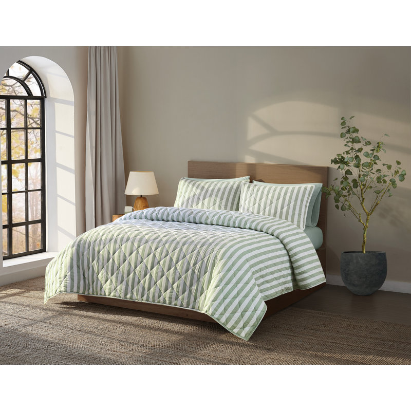 Brooklyn Loom Levi Stripe Quilt Set, White/Sage Green, Queen Quilt + 2 Standard Shams