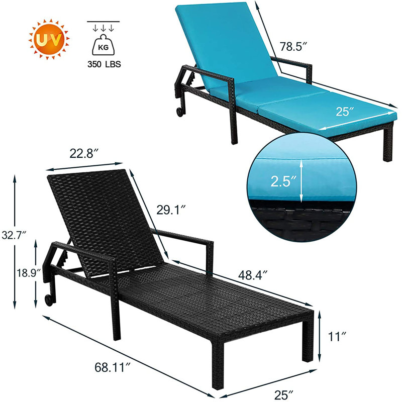 Chaise longue simple inclinable avec coussin 68,11 po Stansberry, Bleu, Noir