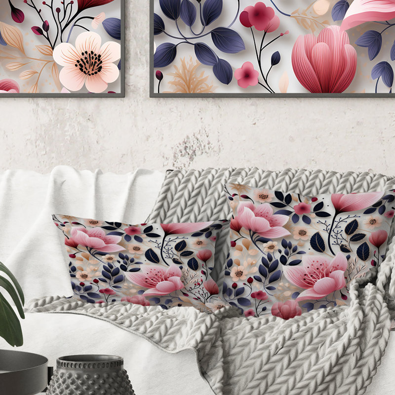 Motif floral rose transe romantique - Récif corail abstrait multicolore azur - Coussin décoratif, H 16 po x l 16 po