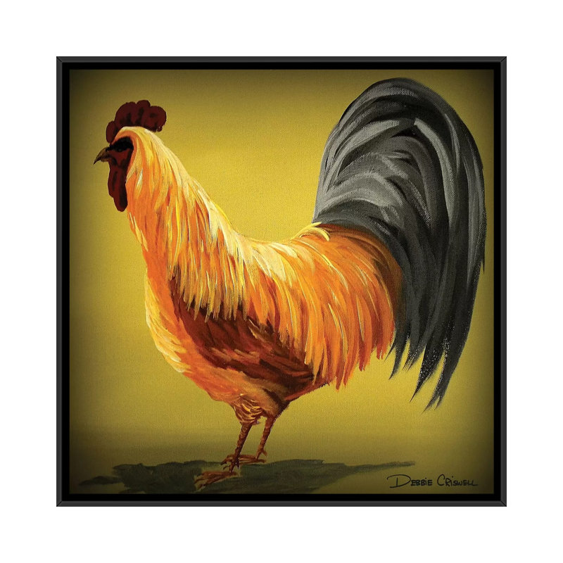 Coq par Debbie Criswell - reproduction d'art, Aucun mat, H 18 po x l 18 po x 1,5 po, Toile avec cadre noir