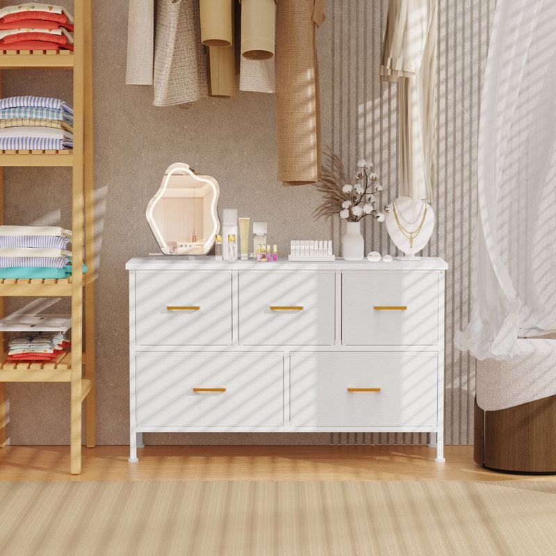 Bedroom 5 Drawer Dresser, Fabric Drawer, PU Finish, Metal Handle, Closet Kids Room, TV Stand, White