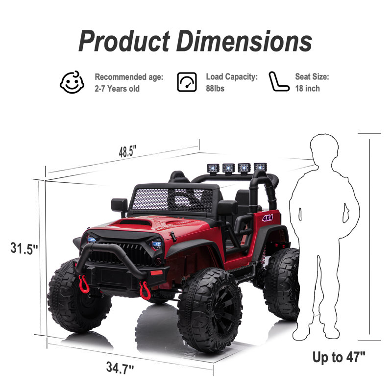 Ride-On Toys 24 Volt 2-Seater Ride on Truck Electric Car for Big Kids with Remote, Bluetooth, Red