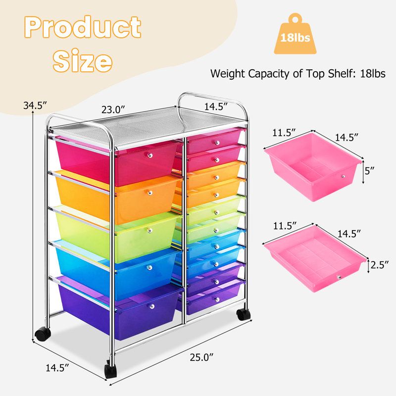 Barksdale 15-Drawer Utility Rolling Organizer Cart, Transparent Multicolor