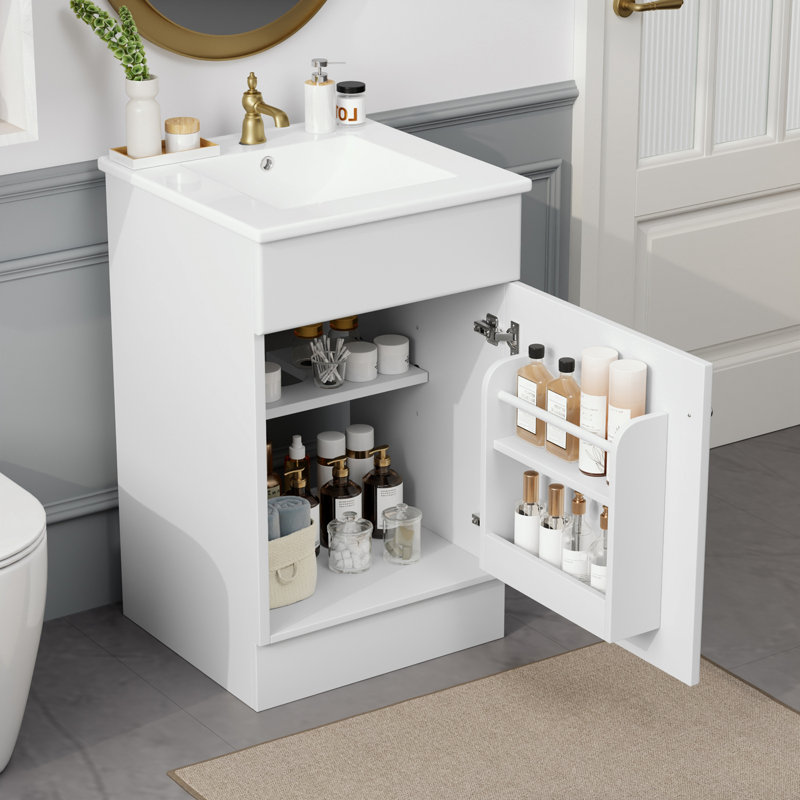 Meuble-lavabo de salle de bain avec lavabo, tablette de porte et tablette réglable, Blanc, Argent