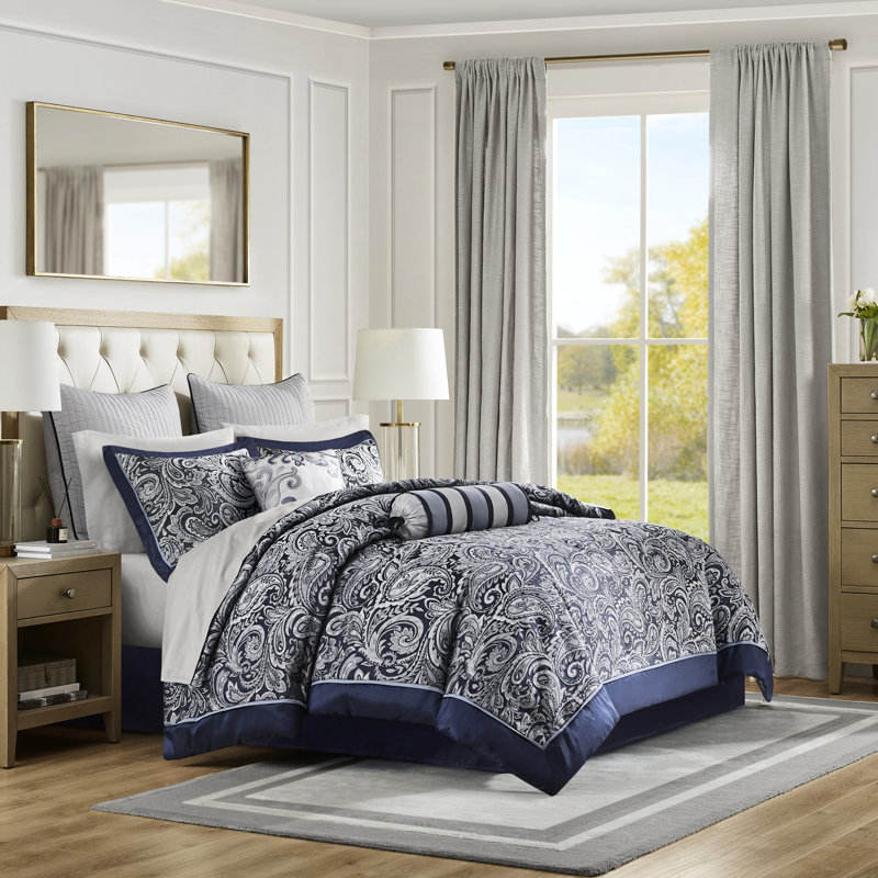 Ensemble de chambre à coucher grand bleu marine 12 pièces - Draps en coton, édredon style cachemire moderne et placage élégant