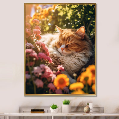 «Fluffy Cat Sleeping Sunny Flower Garden» sur impression sur toile