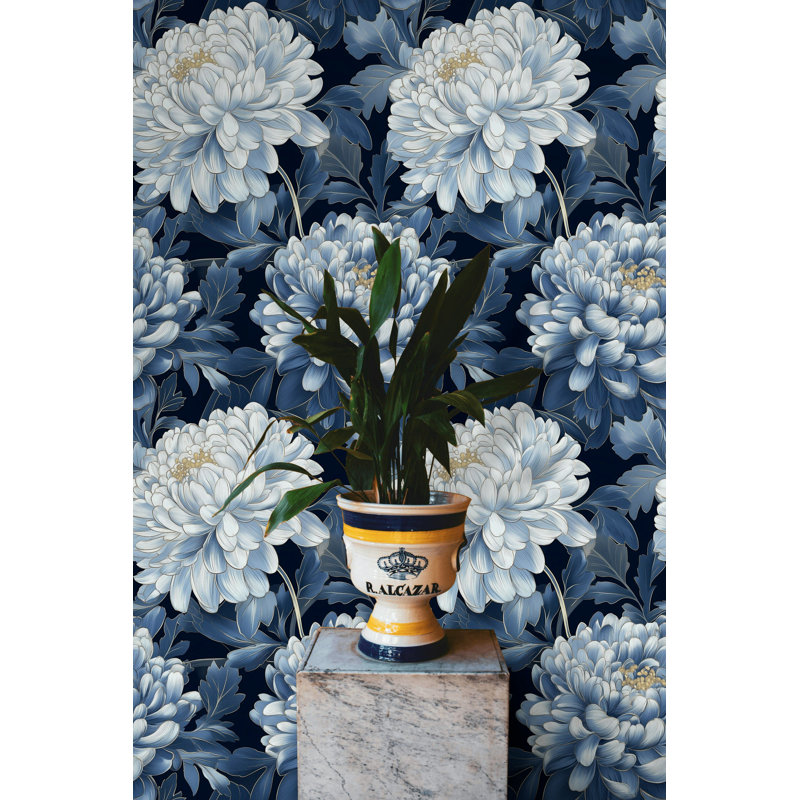 Papier peint floral bleu | Murale marine élégante | Rouleau pelez et collez