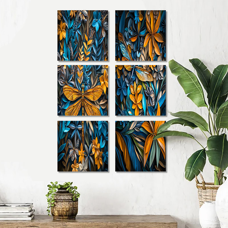 «Blue and Yellow Dragonfly Rainforest Radiance - Dragonfly», ensemble d'art mural sur toile, Toile tendue, Ne s’applique pas