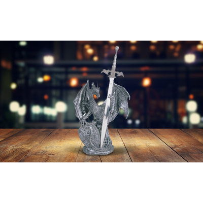 Dewell 10"H Medieval Silver Dragon with Shield and Sword Guardian Figurine Unique Gifts