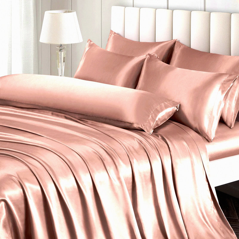 Silky Bedding Set - 7 Piece Luxury Sheet Set with Deep Pocket Fitted Sheet, Soft Flat Sheet, and 5 Pillowcases, Champagne
