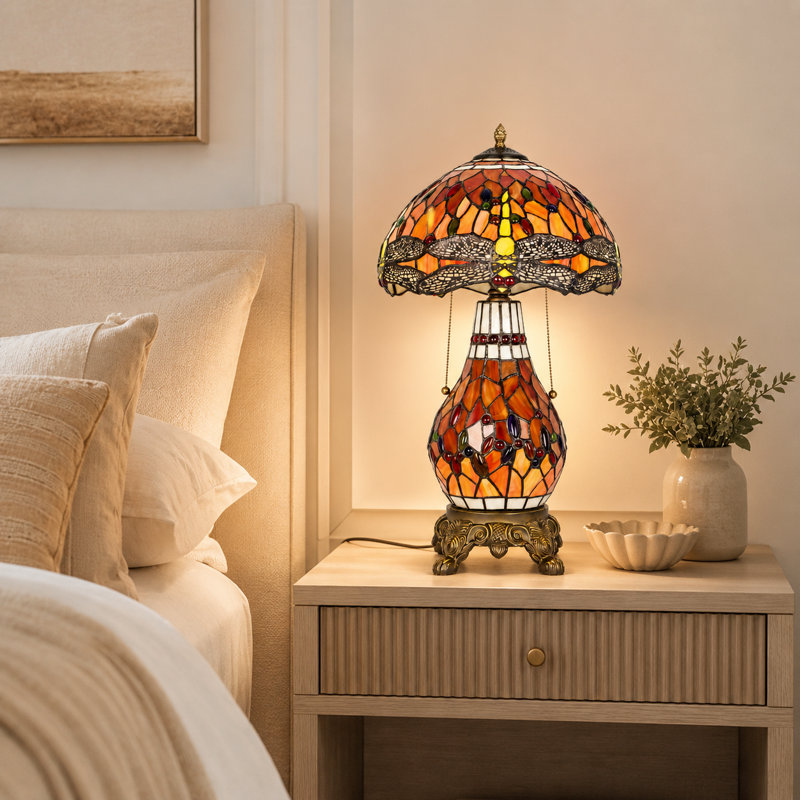 Lampe de table 22 "papillon orange Tiffany, lampe de table classique en vitrail incluse avec 3 sources de lumière
