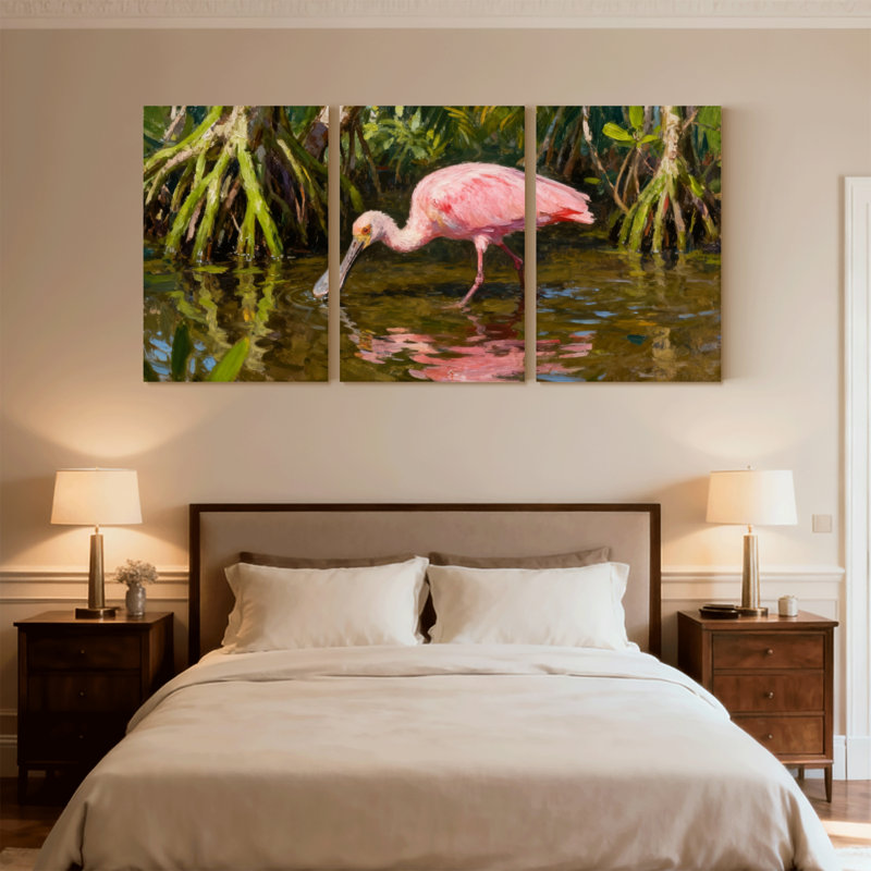 Oiseaux roses dans une mangrove, réflexion sur l'eau, ensemble de 3 impressions sur toile, H 18 po x l 36 po
