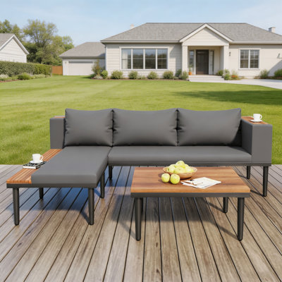 Canapé modulaire de patio en L 89,5 po avec méridienne et table basse, coussins amovibles