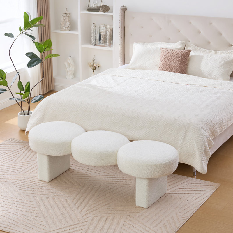 56.3"W Boucle Upholstered Bench with 3 Round Cushions