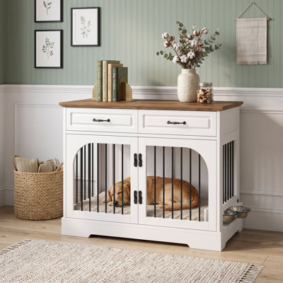 Farmhouse Sideboard Dog Crate Furniture with 2 Storage Drawers, Rotating Food Bowls and Secure Metal Bars