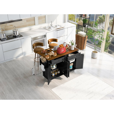 Îlot de cuisine 53,5 po avec prise de courant, îlot de rangement pour cuisine avec abattant, support à épices et tiroir, chariot de cuisine sur roulettes, pour la maison, la cuisine et la salle à manger