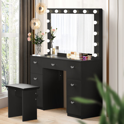 Makeup Vanity Desk with Power Outlet and 7 Drawers, 3 Color Lighting Modes Adjustable Brightness, 44" Vanity Table with Soft 