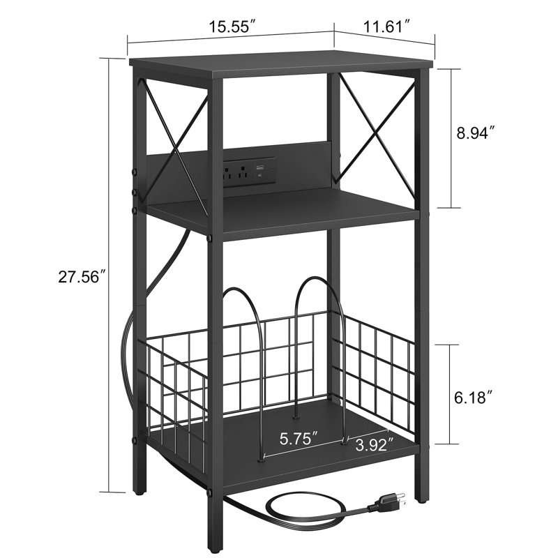 3 Tier End Table with Charging Station, LED Record Player Stand for Vinyl Storage, Side Table for Living Room Bedroom, Black