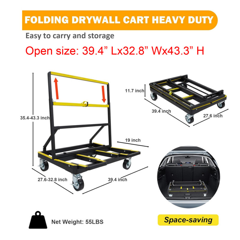 Drywall Cart Heavy Duty Folding Panel Dolly Cart 2200lbs Capacity