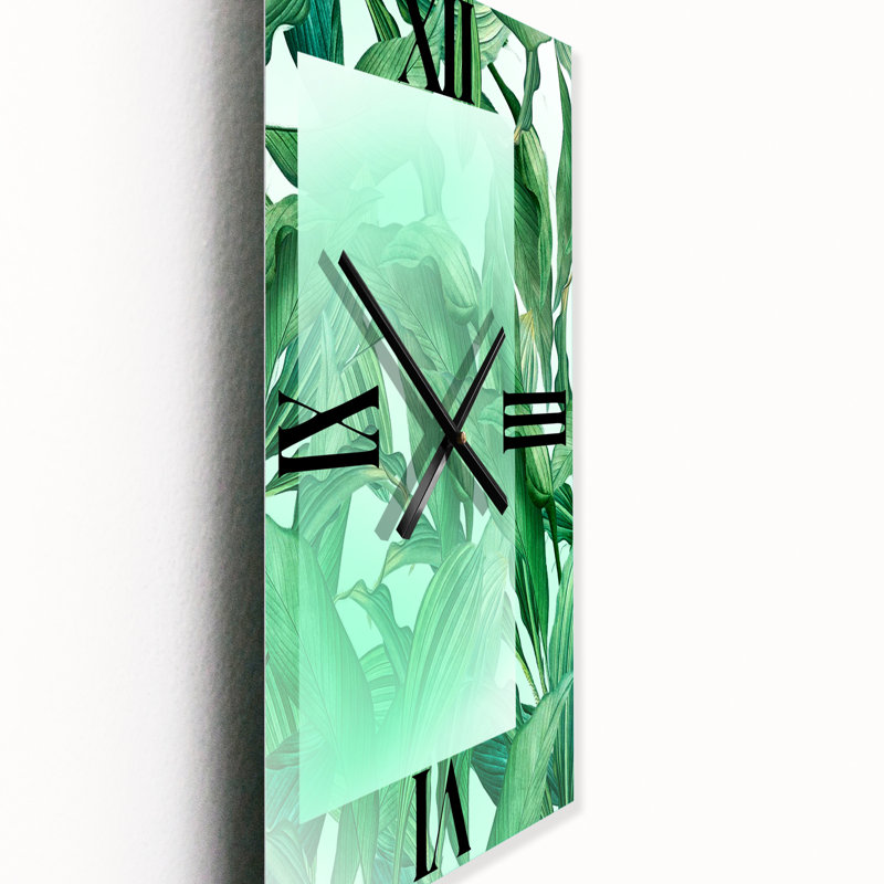 Horloge murale rectangulaire sur feuilles de palmier tropicales, Grand