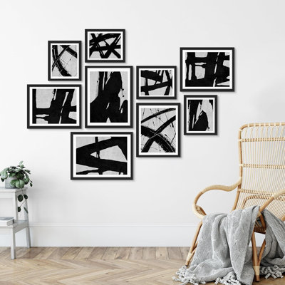 Épais coup de pinceau noir au trait, formes abstraites, art moderne pour le salon, la chambre à coucher, le bureau, impression encadrée sur papier, 9 pièces