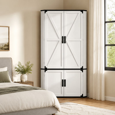 Armoire-penderie d'angle 70,9 "avec tringle, armoire de rangement de coin autoportante avec portes en croix pour chambre à coucher