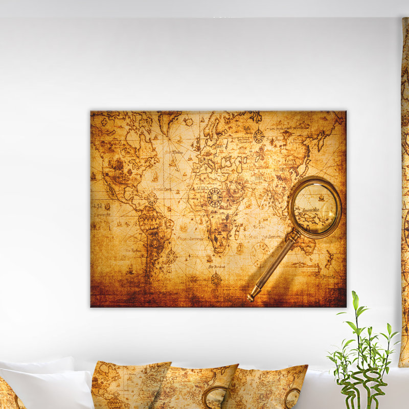 Loupe sur la carte du monde - impression d'art graphique, H 15 po x l 20 po x P 1 po, Bois