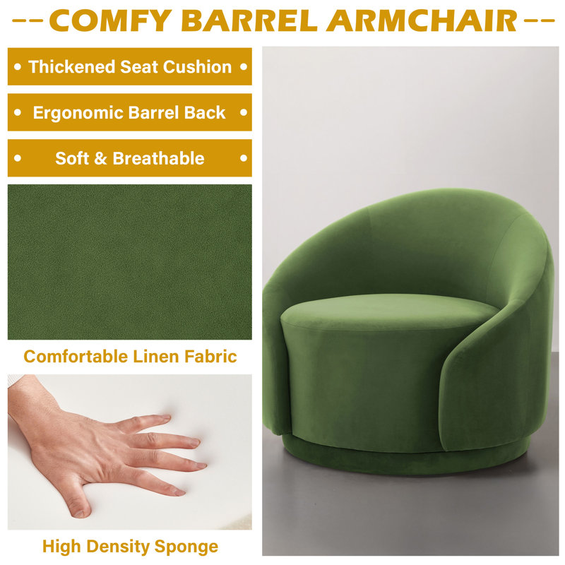 Fauteuil demi-tonneau pivotant rembourré Aunna, Velours vert