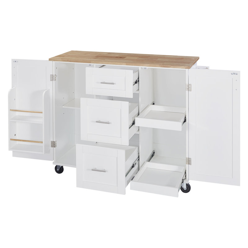 White Rolling Kitchen Island - 3 Drawer, 2 Slide-out Shelf, Internal Storage, Rubber Wood, , 43"d For Organized Rectangular Cart With Storage Drawers, Shelves, White, Wood Tabletop, 50"w X 36.95"h