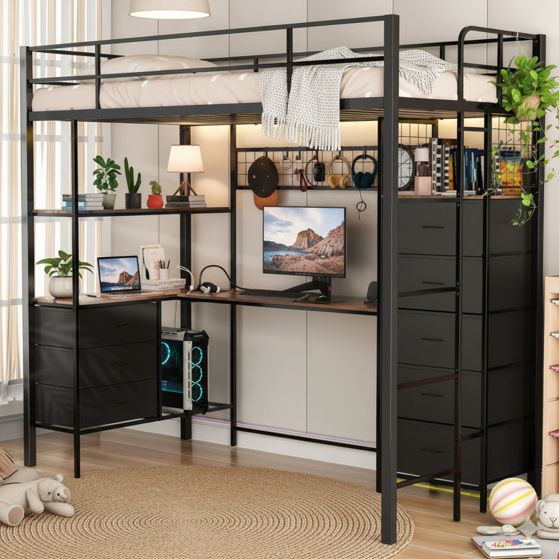 Loft Bed with L-Shaped Desk & RGB LED Lights, Built-in Power Outlets & USB Ports, 8 Storage Drawers & Shelves, Security Guardrail for Teens & Adults, Space-Saving Study Gaming Bed Frame for Bedroom