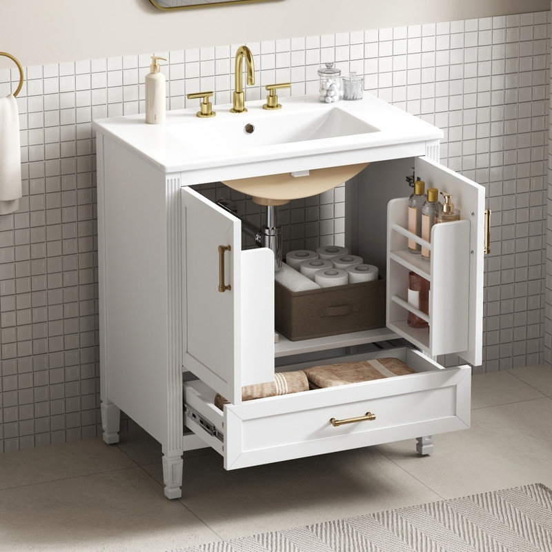 Meuble-lavabo à cannelure blanc avec lavabo en céramique, portes et tiroir à fermeture en douceur, tablette de porte intérieure, pieds en bois massif, meuble-lavabo simple Farmhouse