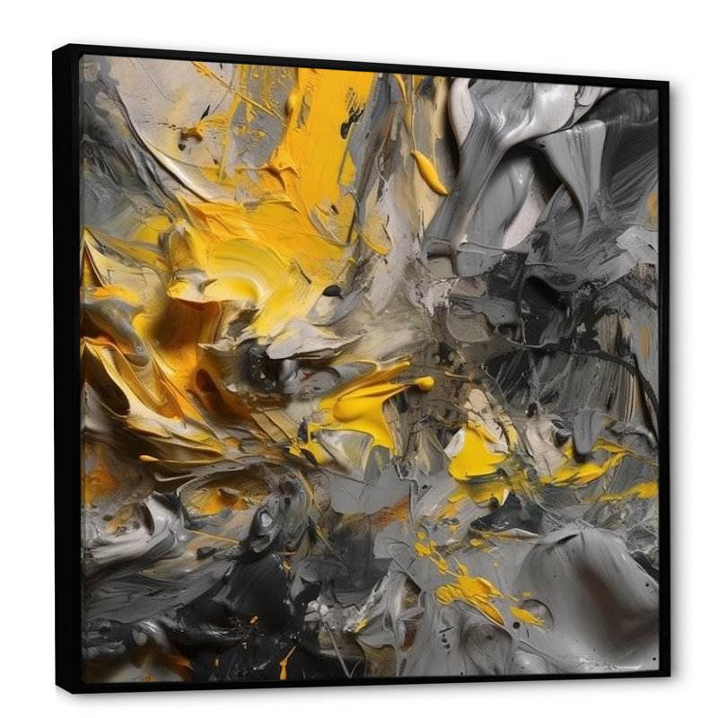 Deonka jaune moutarde et gris vif - décoration murale abstraite, L 16 po x H 16 po, Cadre flottant noir