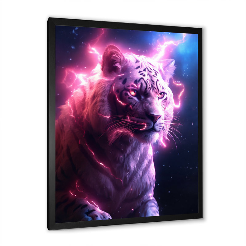 Tigre de rose éclairant sur toile, Cadre simple noir, H 32 po x l 16 po x P 1 po