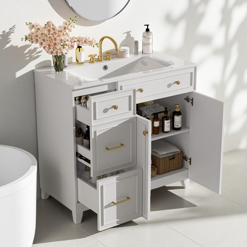 Meuble-lavabo 36 po avec lavabo et tiroirs en céramique, Blanc