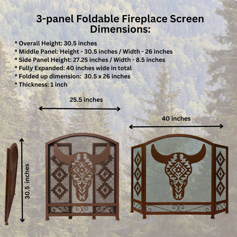 Metal Fireplace Screen 3 Panel Foldable Southwest Bull Skull Mesh Rustic Cabin Lodge Spark Guard