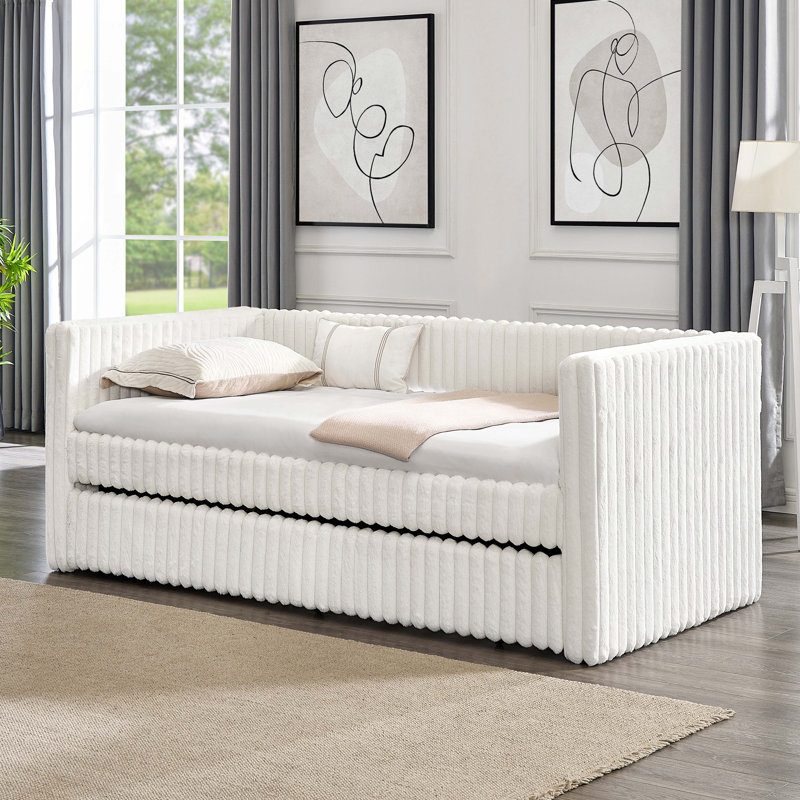 Phillip Modern Upholstered Daybed with Pull-Out Bed & Striped Design, Light Beige