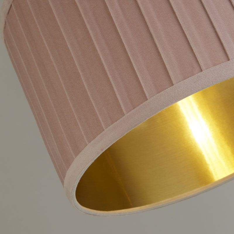 Faux Velvet Drum Pendant Shade ( Uno ), 20cm H x 30cm W x 30cm D, Blush Pink/Gold
