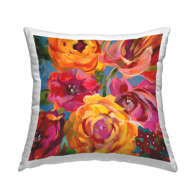 Pink & Yellow Roses Botanical Printed Throw Pillow Design By Liz Jardine