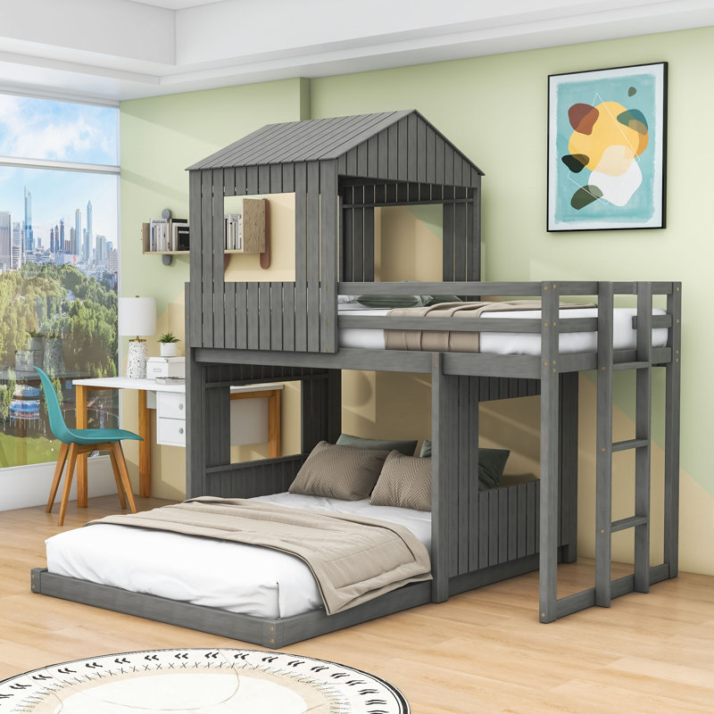 Lit superposé double en bois avec maisonnette en bois, Gris antique