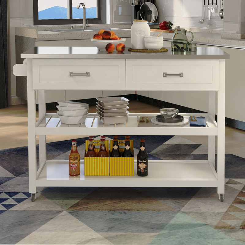 Stainless Steel Table Top White Kicthen Cart With Two Drawers
