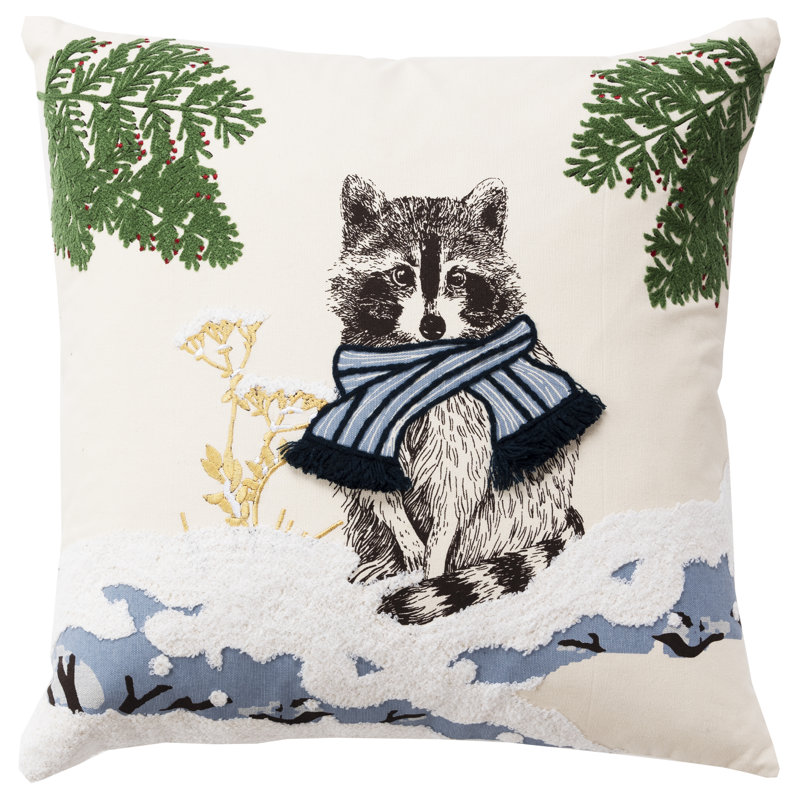 Ivory and Multicolor Embroidered Cotton Holiday Pillow with Raccoon Design
