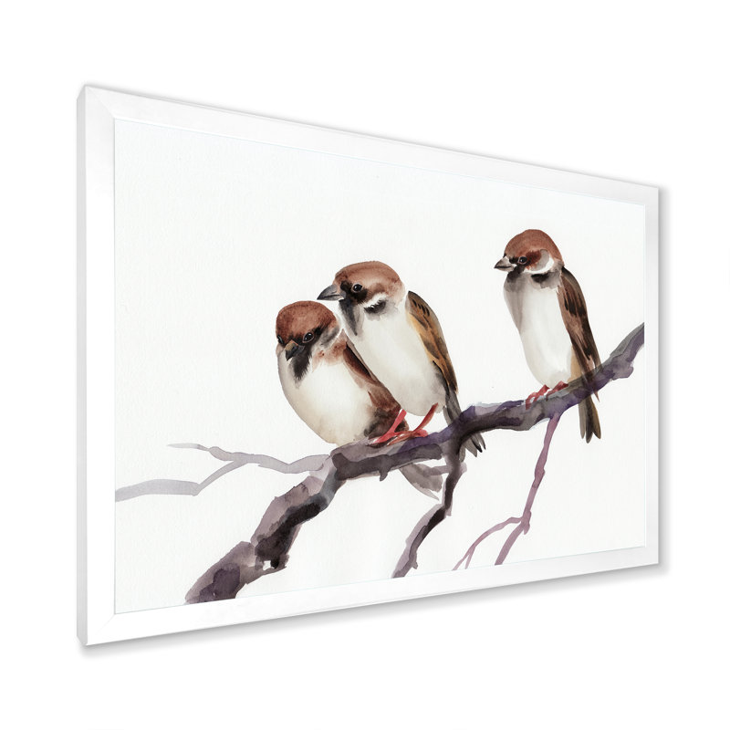 Trois moineaux sur une branche - peinture sur toile, H 34 po x l 44 po, Toile blanche avec cadre d'angle fermé