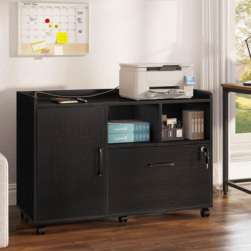 File Cabinet with Charging Station, Mobile Lateral Filing Cabinet with Locking Drawer, Printer Stand with Open Storage Shelf with Wheels, for Letter/Legal/A4 Size Files,Black