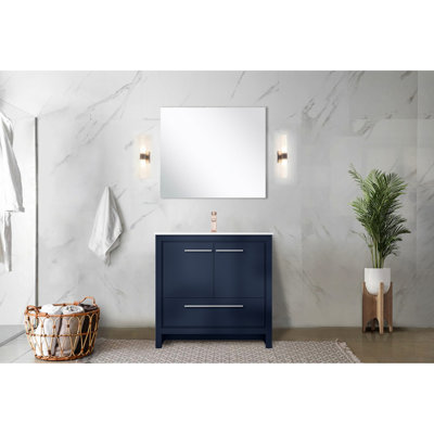 Meuble-lavabo bleu marine l 36 po x P 20 po avec comptoir en quartz blanc et robinet en or rose 20 pour la surface de la salle de bain, espace