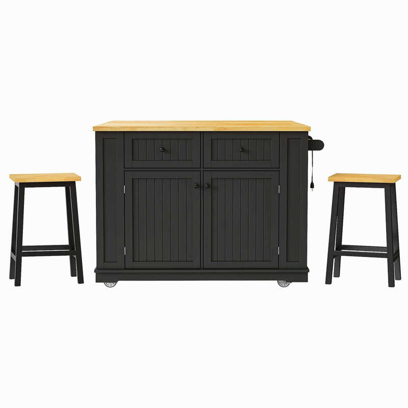 Grand îlot de cuisine de 48 pouces avec 2 tabourets de bar, prise de courant, support de rangement interne pour porte, chariot de rangement de cuisine sur 5 roulettes avec abattant, 5 supports latéraux ouverts, 2 tiroirs, pour la cuisine, la salle à manger