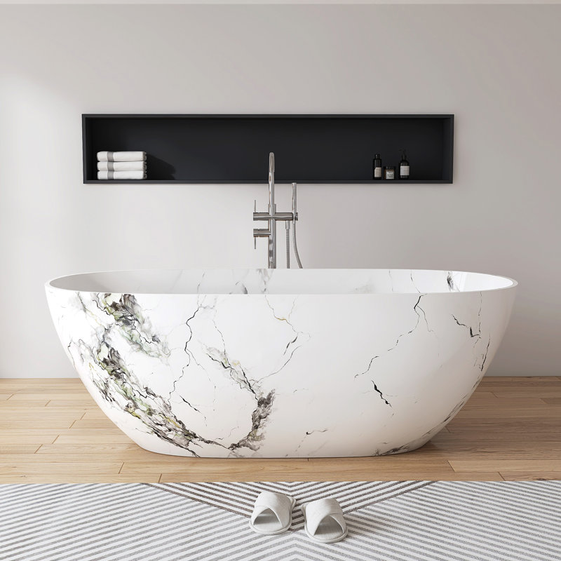 63" x 30" Freestanding Soild Surface Bathtub With Marble Pattern Hydrographics Technology tub