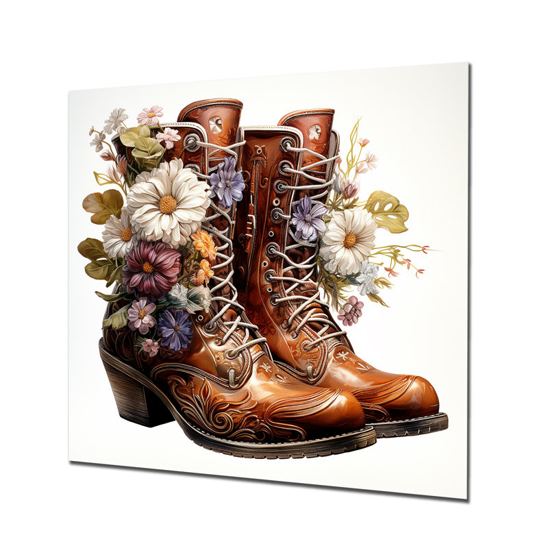 Art mural en métal brun avec bottes Western Flower Blossoms II - Cowboys, H 16 po x l 16 po x P 1 po