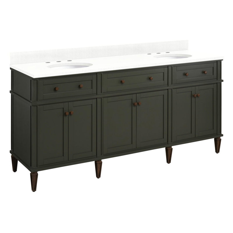 72" Elmdale Double Vanity for Rectangular Undermount Sinks, Feathered White Quartz, Dark Olive Green, Carob Brown