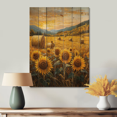 Sunflowers In The Hayfield Countryside I - Sunflowers Wood Print - On Natural Pine Wood